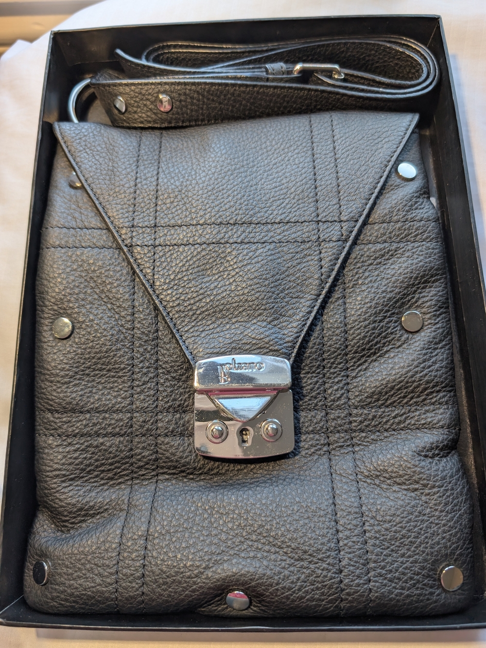 Pebbled Leather Black Crossbody Bag with Silver Lock